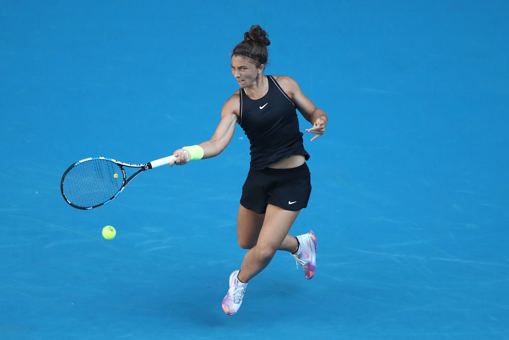 MELBOURNE, AUSTRALIA - FEBRUARY 10: Sara Errani of Italy plays a forehand in her Women's Singles second round match against Venus Williams of the United States of America during day three of the 2021 Australian Open at Melbourne Park on February 10, 2021 in Melbourne, Australia. (Photo by Mark Metcalfe/Getty Images)